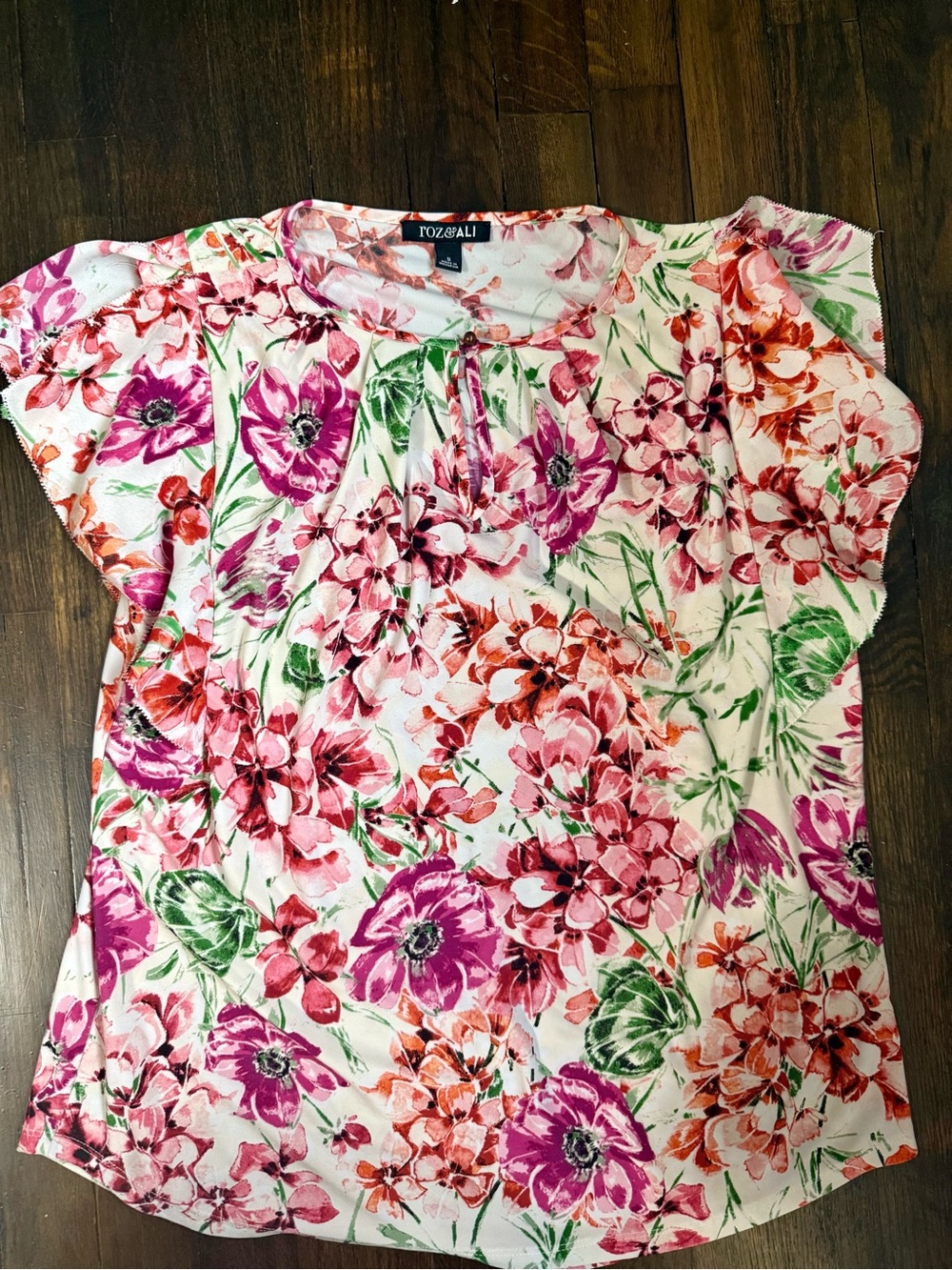 Roz & Ali White Floral Short Sleeve Blouse with Pink and Green Accents